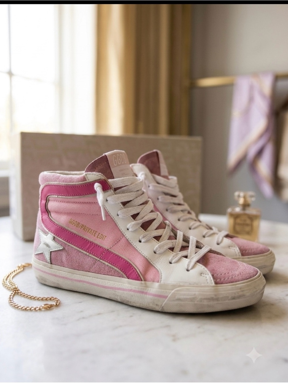 Golden Goose Pink and White High-Top Sneakers